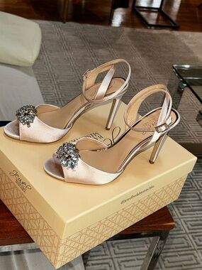 Badgley Mischka Satin Open-Toe Heels with Crystal Brooch in Blush
